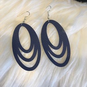 Handmade Geometric Faux Leather Drop Earrings Blue Silver Oval Light Weight